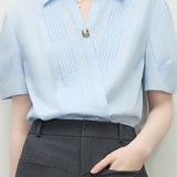 Collared Solid Color Pleated Shirt