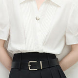 Collared Solid Color Pleated Shirt