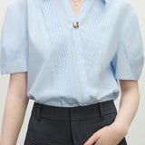 Collared Solid Color Pleated Shirt