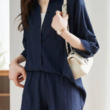 Textured Drop Shoulder Short Sleeve Shirt and Shorts Set