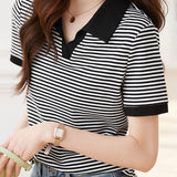 Color Block Striped Polo Collar T-Shirt