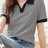 Color Block Striped Polo Collar T-Shirt