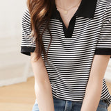 Color Block Striped Polo Collar T-Shirt