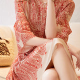 V-Neck Printed Waist-Defined Dress