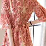 V-Neck Printed Waist-Defined Dress