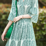 V-Neck Printed Waist-Defined Dress