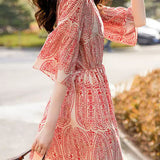 V-Neck Printed Waist-Defined Dress