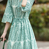 V-Neck Printed Waist-Defined Dress
