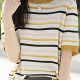 Striped Color Block Round Neck Knit T-Shirt