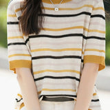 Striped Color Block Round Neck Knit T-Shirt
