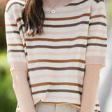 Striped Color Block Round Neck Knit T-Shirt