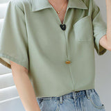 Solid Color Collared Short Sleeve Shirt
