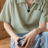 Solid Color Collared Short Sleeve Shirt