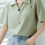 Solid Color Collared Short Sleeve Shirt