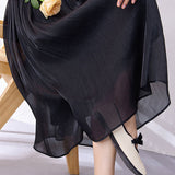 Shiny Pleated Solid Color Midi Skirt
