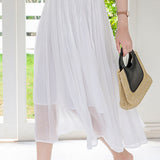 Shiny Pleated Solid Color Midi Skirt