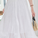 Shiny Pleated Solid Color Midi Skirt