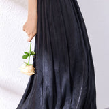 Shiny Pleated Solid Color Midi Skirt
