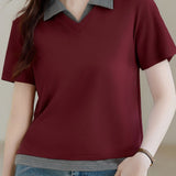Collared Faux Two-Piece Short Sleeve T-Shirt