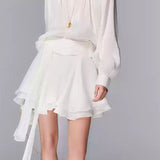 V-neck long sleeve shirt with tie and short skirt two-piece set