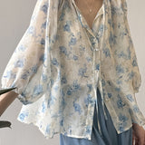 V-neck Three-quarter Sleeve Printed Shirt