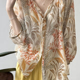 V-neck Three-quarter Sleeve Printed Shirt
