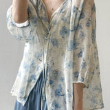 V-neck Three-quarter Sleeve Printed Shirt