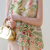 Wrinkled Round Neck Sleeveless Printed T-Shirt