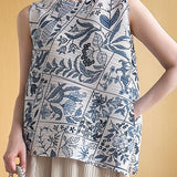 Wrinkled Round Neck Sleeveless Printed T-Shirt