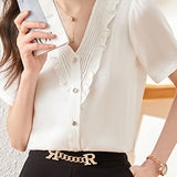 V-Neck Ruffle Edge Solid Color Shirt