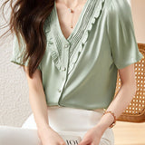 V-Neck Ruffle Edge Solid Color Shirt