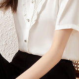 V-Neck Ruffle Edge Solid Color Shirt