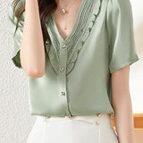 V-Neck Ruffle Edge Solid Color Shirt