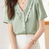 V-Neck Ruffle Edge Solid Color Shirt