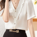 V-Neck Ruffle Edge Solid Color Shirt