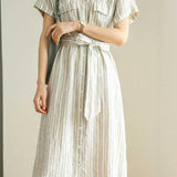 Tie-Front Striped Short Sleeve Shirt Dress
