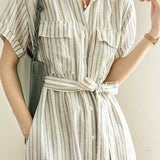 Tie-Front Striped Short Sleeve Shirt Dress