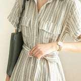 Tie-Front Striped Short Sleeve Shirt Dress