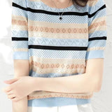 Versatile Striped Short Sleeve Knit Sweater
