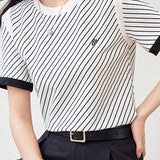 Black and White Striped Round Neck Short Sleeve T-Shirt