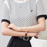 Black and White Striped Round Neck Short Sleeve T-Shirt