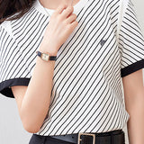 Black and White Striped Round Neck Short Sleeve T-Shirt