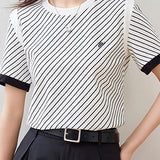 Black and White Striped Round Neck Short Sleeve T-Shirt