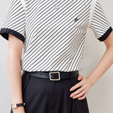 Black and White Striped Round Neck Short Sleeve T-Shirt