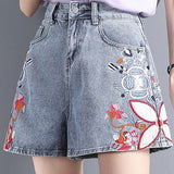Embroidered A-Line Denim Shorts