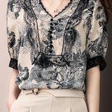 Lace Patchwork V-Neck Short Sleeve Shirt