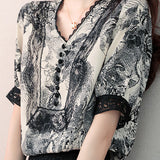 Lace Patchwork V-Neck Short Sleeve Shirt