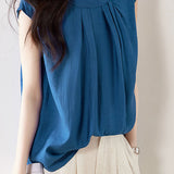Solid Color Pleated Sleeveless Shirt