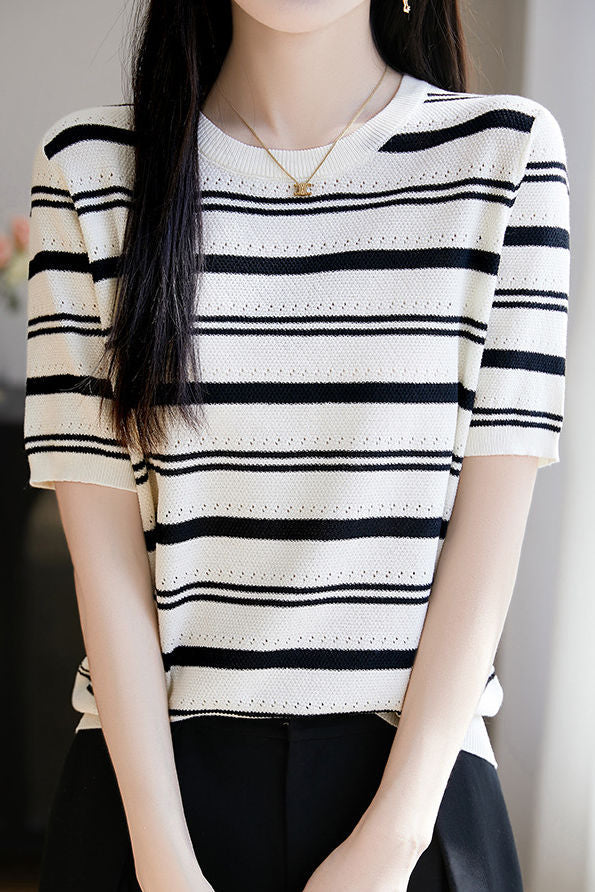 Color Block Striped Knit T-shirt - liwisi