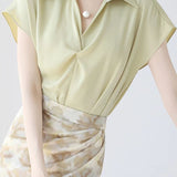 Lapel Twisted Pleat Solid Color Shirt